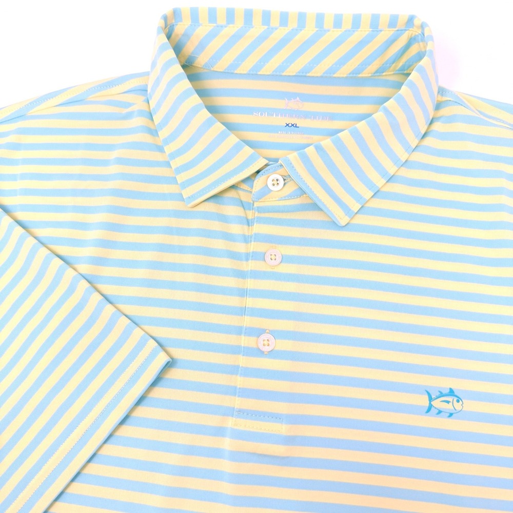 Southern Tide Mens XXL Performance Polo Shirt Blue Yellow Striped Skipjack Logo